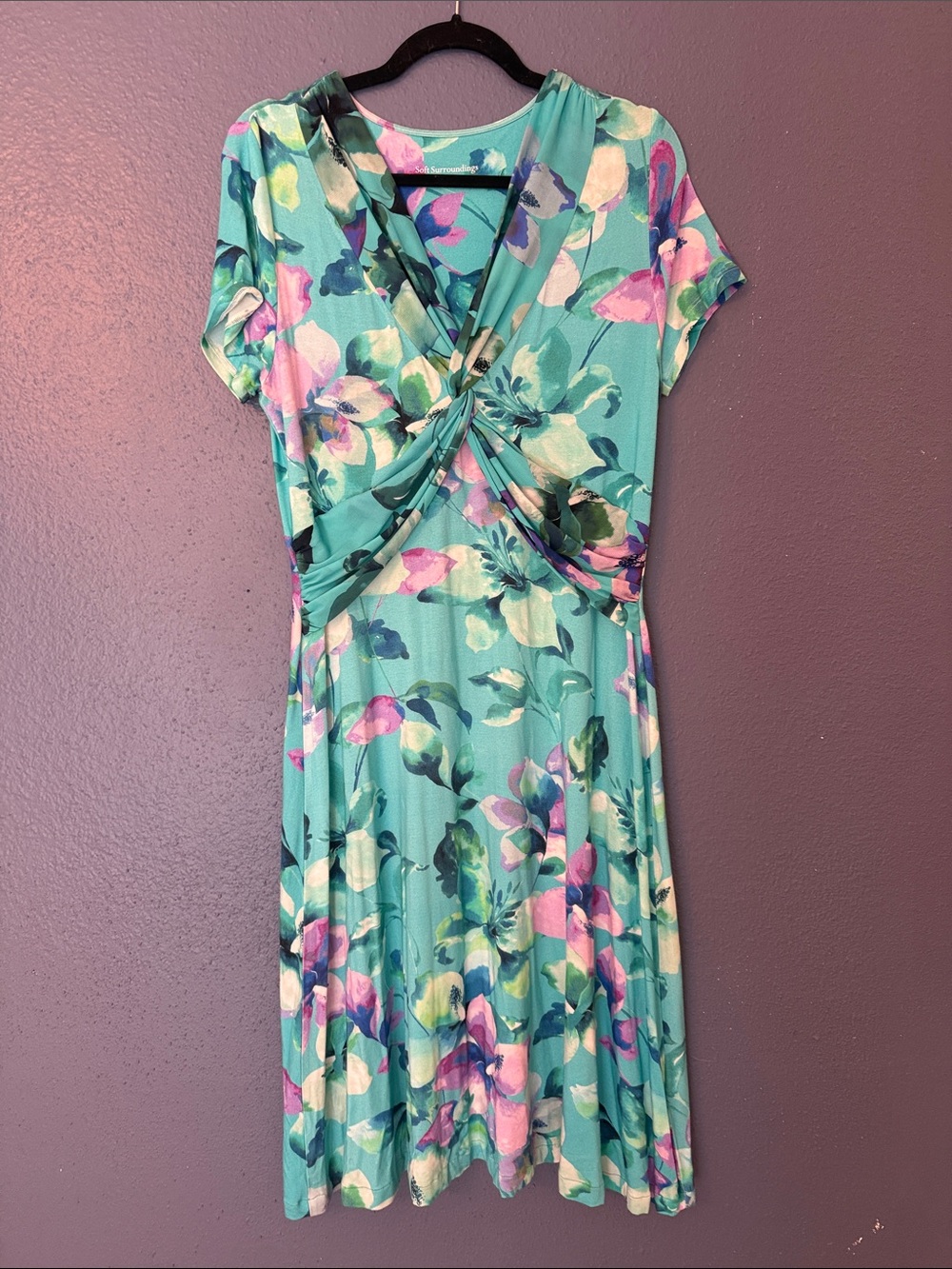 Soft Surroundings Mint Floral Twist-Front Midi Dress